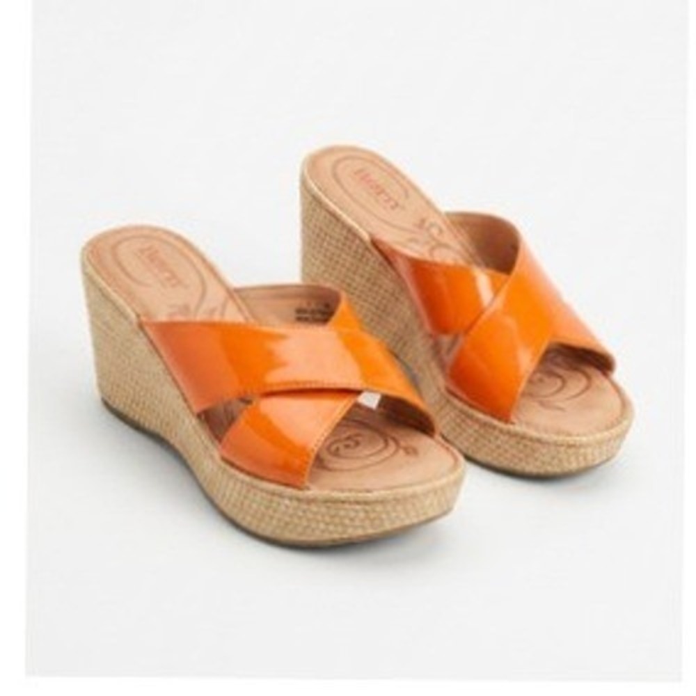 Born Shoes Womens Size 7 Orange Patent Slide‎ Wedge Sandals Comfort B31208